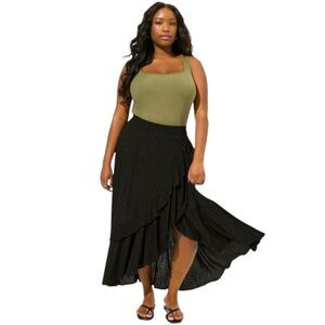 TORRID MAXI SWISS DOT Ruffle Hi-Lo Skirt Deep Black Plus Size 2